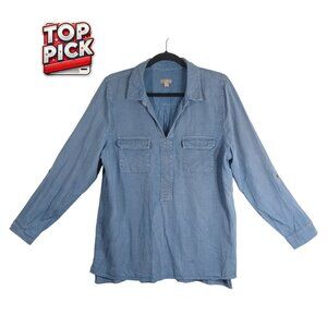 J. Jill Blue Lyocell Tunic Shirt Size L Long Sleeve V-Neck Top